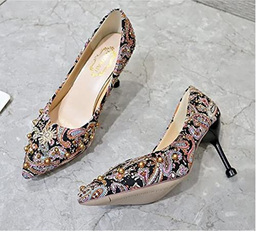 Ecoodisk Glitter crystal metal snow rivets single shoes red/black women wedding shoes pointed toe thin high heels slip on pumps stilettos