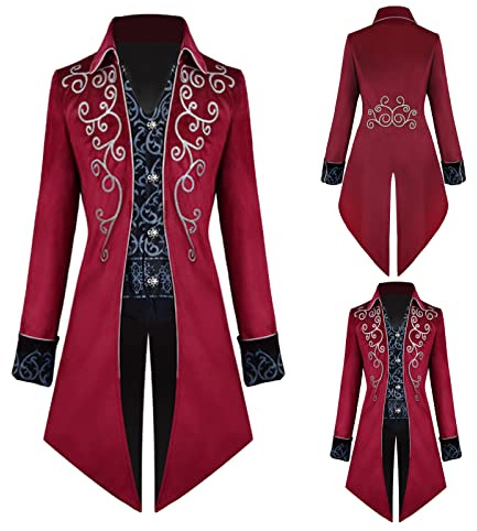 TTOKGZG Men's Medieval Steampunk Tailcoat Costumes Gothic Vintage Court Jacket for Adult (Red, XL)