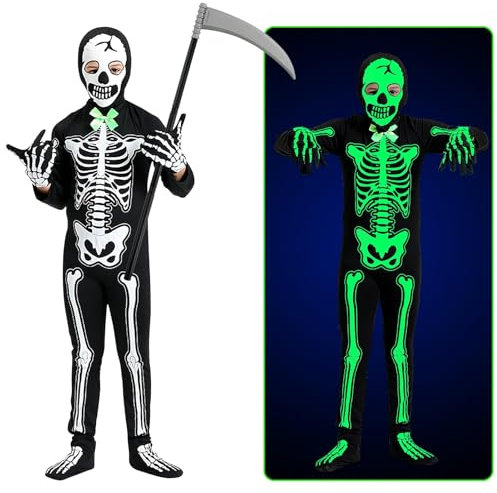 Costume de Faucheuse pour Halloween, Costume de Squelette pour Enfants, Costume de Zombie Lumineux avec Faux et Gants (S)