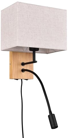 Trio Lámpara de pared Nilam 212870236, madera natural, tela de pantalla, excl. 1x E27, brazo de lectura incl. LED de 3,1 vatios, Flex Connect