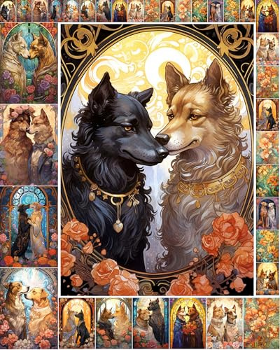 Decoupage Paper Pack (35 Sheets 6x8) Cute Dogs in Love Surrounded by Majestic Flowers Art Nouveau Valentine Day FLONZ Vintage Illustration Pictures Cards for Decoupage, Craft and Scrapbooking