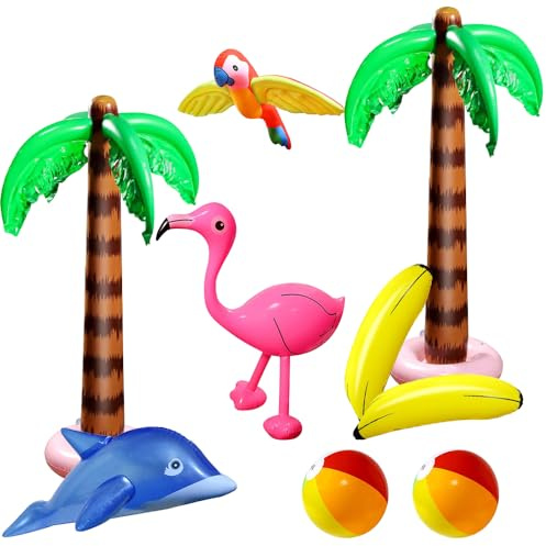 Lotvic 9 Pcs Inflatable Palm Tree Flamingo Parrot Dolphin Banana Beach Balls, Summer Hawaiian Party Toys Set, Inflatable Pool Toys for Hawaiian Party Luau Party Decorations Backdrop