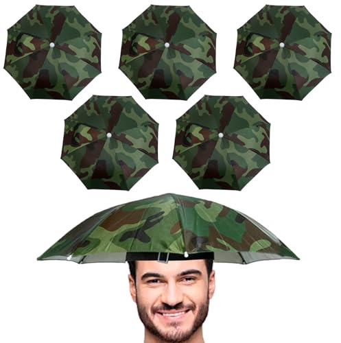 MEGYAD Lot de 5 chapeaux de parapluie : 53 cm Parapluie de pêche avec bande élastique Chapeau de parapluie pliable pour adultes et enfants, tête de camouflage Parapluie extérieur, pour la plage, le