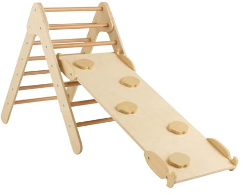 HOMASIS Triangolo da Arrampicata per Bambini con Scivolo Regolabile, Giocattolo Montessoriano per Bambini in Legno, Parco Giochi per Bambini da 1+ anni, 86,5 x 48 x 73,5cm (Naturale)