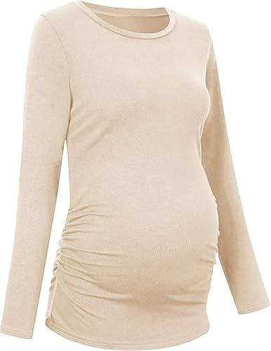 Saodimallsu T-shirt de grossesse à manches longues pour femme - Col rond - Haut de grossesse - Hauts d'été respirants, beige, M