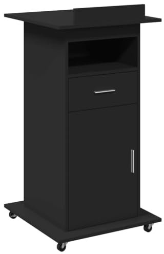 vidaXL Rednerpult, Stehpult mit Rollen Schublade, Mobil Stehtisch Rollbar mit Umrandung, Schreibpult Lesepult Neigbare Oberplatte, Schwarz Holzwerkstoff