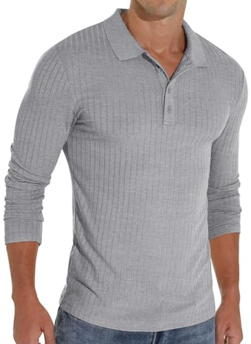 Sailwind Polos para Hombre de Manga Larga Polo de Hombre con Botón Elástico Polo Camisa de Ajuste Estrecho Camiseta para Hombre Ropa de Ocio y Trabajo, gris, M