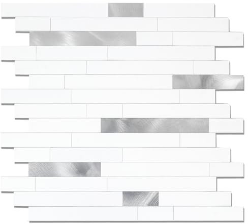 Yipscazo 1 Blatt metallische Steinfliesen zum Aufkleben für Küche, Bad, Waschküche, Wohnmobil, Kamin (30,5 x 30,5 cm, Metall weiß glänzend bernsteinfarben)