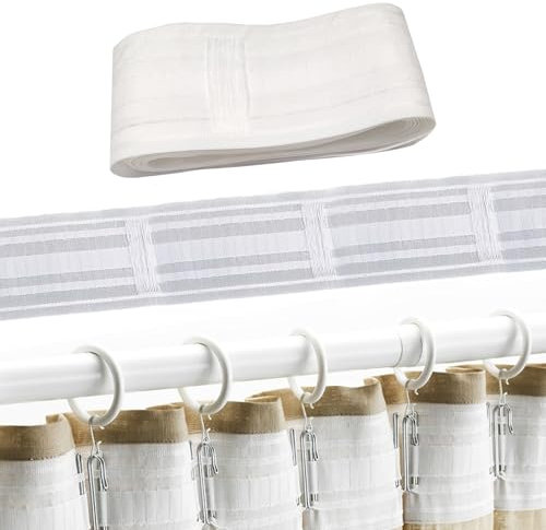 Cinta Plisada de Cortina, 5 m x 85 mm Cinta de Cortina, Cinta de Cortina con trabillas, cinta plisada para cortinas, Cortina de Ducha y Cortina de Puerta, cinta fruncidora universal (Blanco)