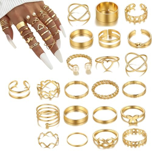 WeddHuis 22 pièces, Bagues Boho pour les doigts, Ensemble de midi empilables, Vintage, Rétro Minimaliste, Pouce Femme, Fantaisie, Acier Inoxydable, Ajustable, Ado (Or)