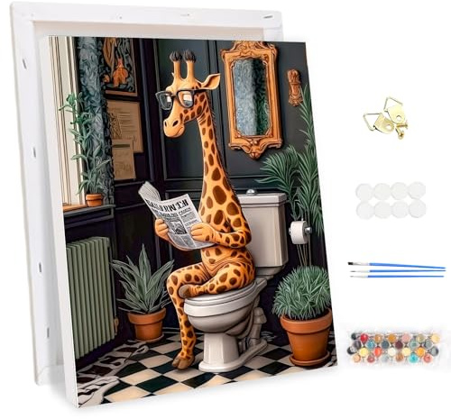 MEIYUDA Pintar por Numeros Adultos con Marco Bonita jirafa en el váter, Cuadros por Numeros, DIY Pintura por Numeros Kit Manualidades Adultos, Decoración para el Hogar Regalo de pared 30x40cm