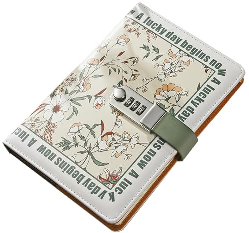Tanou Dagbok i konstläder med lås för flickor och kvinnor, färskt blommönster, påfyllningsbar anteckningsbok A5 med kombinationslås, 200 sidor linjerat papper