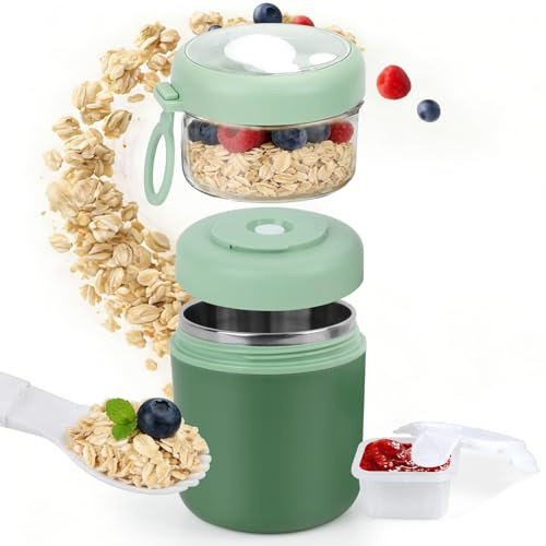 GEEKHOM Porta Yogurt E Cereali 530ml+330ml - Porta Yogurt Refrigerato Termico Piccolo Con Cucchiaio - Impermeabile, Isolante, Lavabile in Lavastoviglie, Ideale per Lavoro, Scuola, Picnic (Verde)