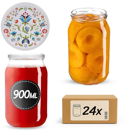 KADAX Tarros de conservas de 900 ml con tapa de rosca fi82 mm, tarros grandes con tapa Twist Off, tarros para conservas de pepinos, tarros para conservas (flores, 24 unidades)