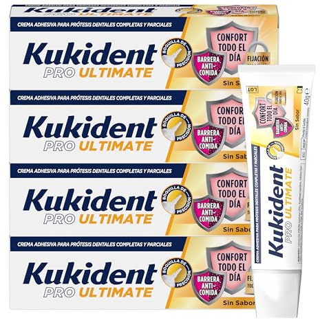 Kukident Pro Ultimate Crema Adhesiva para Prótesis Dentales Completas y Parciales, 4x40 g - Crema Fijadora para Dentadura Postiza, Barrera Anticomida, Fijación Fuerte, Adhesivo Dental sin Sabor