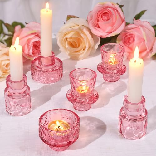 LETINE 6 Packs Taper Candle Holders, Pink Glass Candlestick Holders, Candle Sticks Tea Light Candle Holders for Galentines Valentines Day Dinner Wedding Table Centrepiece