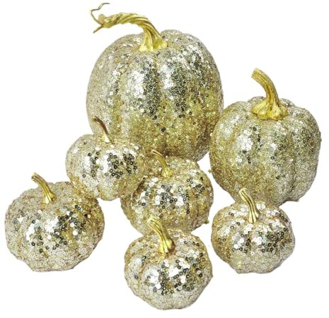 Zucche artificiali | Zucche decorative artificiali – Set festivo di 7 statue ornamentali glitterate per feste, tavole, corridoio, camera da, ufficio, casa, vacanze