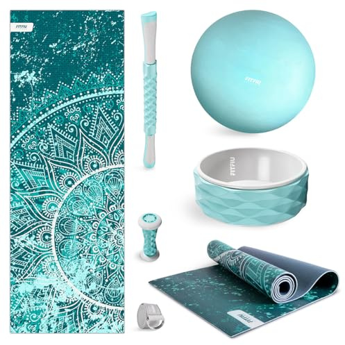 FITFIU Fitness KITWELL-600 Pack de 6 accesorios Yoga Pilates Color Azul con Esterilla, Pelota, Rueda, Correa y 2 Masajeadores Incluye Guía de Ejercicios Wellness