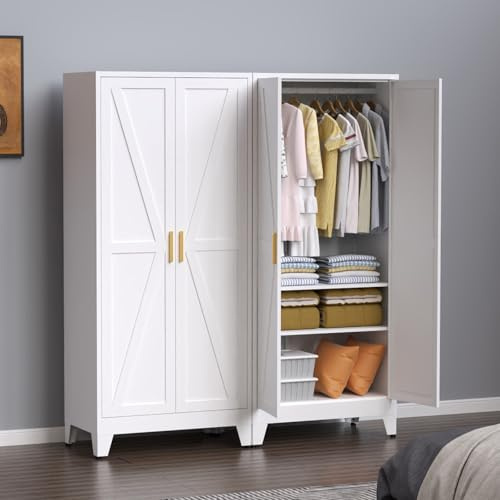 LTLTSOBU 71 Heavy Duty Steel Armoire Wardrobe Closet, White Metal Clothing Storage Cabinet with 2 Magnetic Doors & Adjustable Shelves, Waterproof Hanging Rod Cabinet for Bedroom Gym Laundry Room