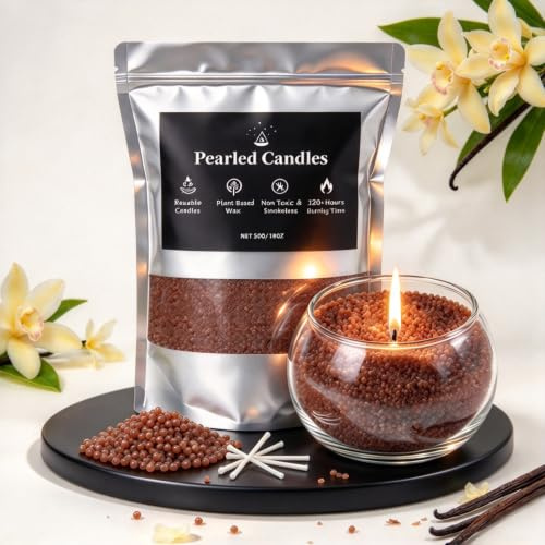 LFENYIGI Pearled Candle 18oz, DIY Pearled Candle Sand with Wicks, Sand Candle with Plant-Based Granulated Wax, 30 Cotton Wicks & 1Spoon, Reusable Wax for Candle Making Decorative Candles (Brown)