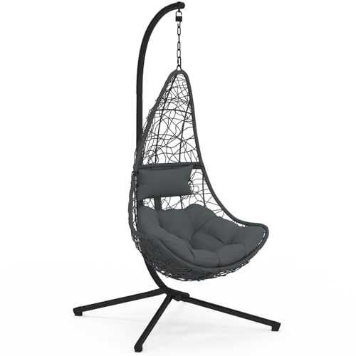 IDMarket - Silla colgante de media luna efecto ratán calado gris con cojín gris