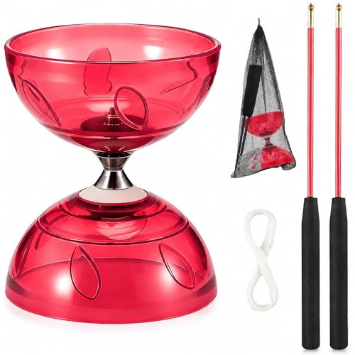 WDKXCN Diabolo med kullager, Diabolo jongleringsset med LED-ljus och handstavar, transparent mjukt gummi jongleringsset med reservsnöre och nätficka, fritidssport för nybörjare proffs, röd