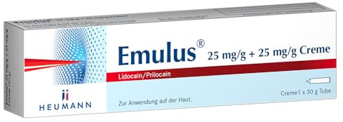 Emulus 25 mg/g + 25 mg/g Creme: Zur lokalen Betäubung der Haut, vor medizinischen Maßnahmen wie Impfungen und kosmetischen Nadel- und Laserbehandlungen (z.B. Laser-Haarentfernung), 30 g