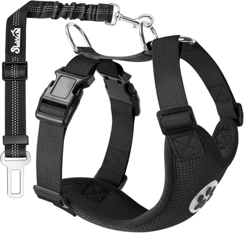 SlowTon Arnés de Coche para Perro con Correa de Conector, multifunción, Ajustable, Doble Tejido de Malla Transpirable, arnés de Chaleco de Viaje con cinturón de Seguridad (L, Negro)