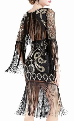 BABEYOND Robe garçonne des années 1920 à Franges - Robe Gatsby à Paillettes - Style Vintage - Art déco, Noir, S