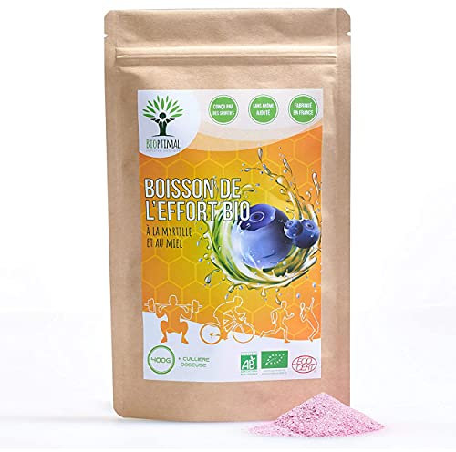 Boisson Énergisante Bio - Bioptimal - Boisson Energétique en Poudre - Isotonique ou Hypotonique - Sport Endurance - Myrtille Maltodextrine Miel Sodium - Fabriqué en France - Certifié Ecocert - 400 g