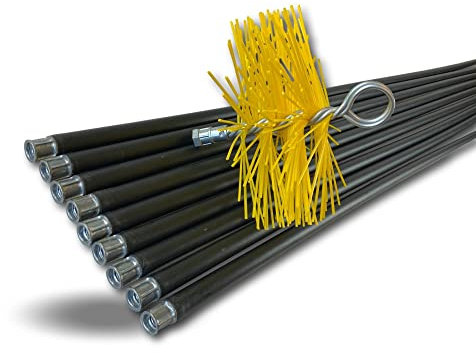 Kit de ramonage classique conduits gainés | Hérisson rond synthétique | Diamètre 200 mm | 9 cannes noires Ø 17 mm creuses | 9 * 1,4 m | Cheminées | Kibros 4KIT20NLO