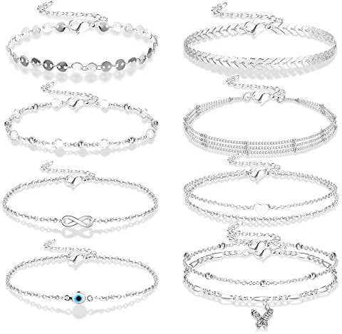 LOLIAS 9 Stücke Fußkettchen für Damen Teenager Gold Silber Mehrschichtiger Schmetterling Böser Blick Herz CZ Strand Verstellbares Zierliches Fußkettchen Set