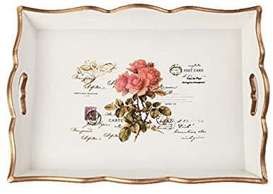 Bandeja escalonada Bandeja de Servicio y Fuente, Mango de Madera Rectangular con Borde Dorado Bandeja para Aperitivos, Bandeja para Desayuno (AS)