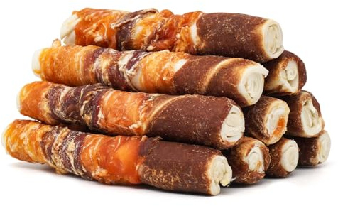 MON2SUN Dog Treats, Triple Flavor 6 Inch Chicken Liver Duck and Chicken Wrapped Rawhide Sticks, Teeth Cleaning Snacks for Medium Dogs, 17.6 oz (10 Count-Pack of 1)