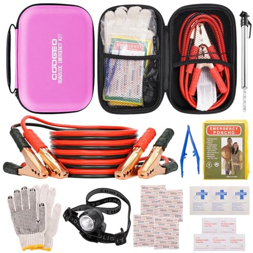 COOGEO Kit di emergenza per assistenza stradale, borsa multiuso, di alta qualità, con cavo di avviamento per batteria, kit per auto, veicolo, camion o SUV, per uomini o donne, rosa
