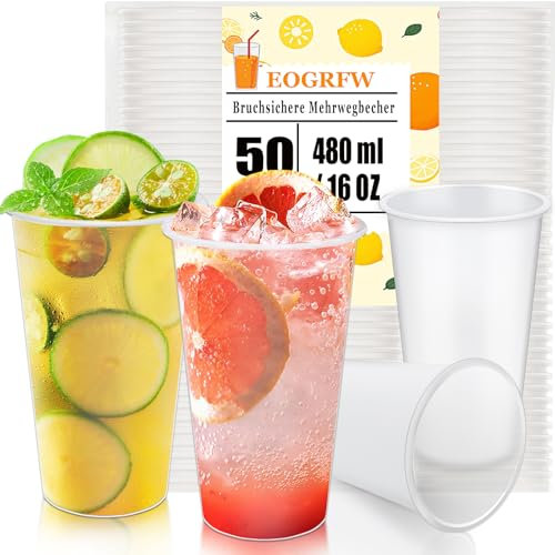 EOGRFW 50 Stück Trinkbecher, Bruchsichere Mehrwegbecher, Wiederverwendbare Trink Becher für den Einsatz in Restaurants, Büros,Geburtstage,Hochzeit-480 ml/16 OZ