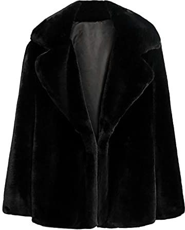OnaiC Women's Short Fleece Jacket - Lapels Teddy Coat, Fluffy Faux Fur, Long Sleeve, Elegant Plain Winter Jacket for Leisure Outdoor, Black, L