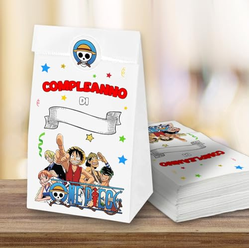 25 Sacchetti di carta Regalo compleanno fine festa bambini + 25 adesivi chiudibusta, Sacchetti di Carta per alimenti - Sacchettini Compleanno per confezione Regalini fine festa OnePiece