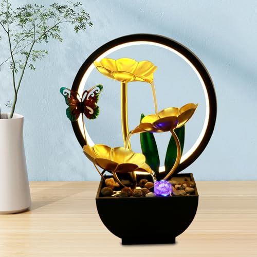 Fontana da tavolo da interno con luci ad anello a LED, alimentata tramite USB, fontana da tavolo, fontana a cascata, fontana zen, per meditazione, relax, decorazione per casa e ufficio (farfalla)