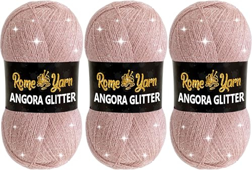 Rome Yarn Angora Glitter Yarn 3 Pack (3 x 100g) | Soft Metallic Sparkle Yarn | Acrylic Wool Blend | Knitting & Crochet | 500m Each (758 Powder)