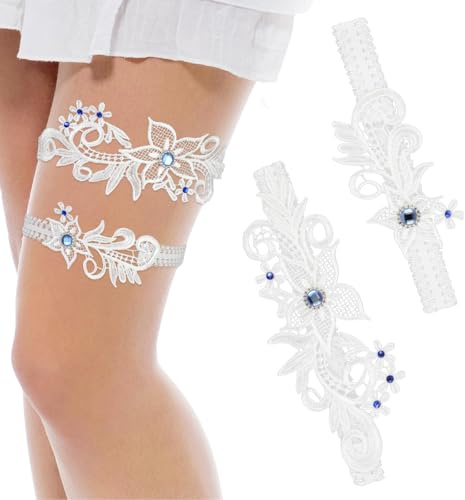Ruzister Juego de 2 Ligueros Blancos para Novia con Acento Azul, Elegante Liga de Boda, Cinturón de Jardín Blanco Ajustable