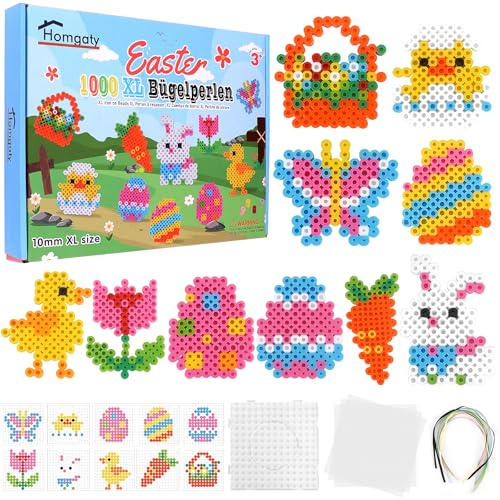 Homgaty Große 10mm Bügelperlen Ostern Set, 1000 Stück XL Steckperlen mit Platten, 10 Muster und Bügelpapier, 10 Bunte Farben XL Bügelperlen, Kreatives Perlenset für Kinder ab 3 Jahren