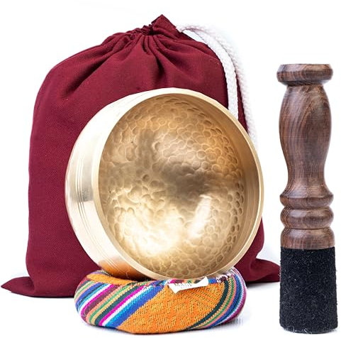 Handgefertigte tibetische Klangschale - Meditationsschale mit Kissen, Schlägel und Tragetasche - Handgefertigt in Nepal - Ideal für Yoga, Chakra-Heilung, Achtsamkeit und Stressabbau - Spirituelle Gesc