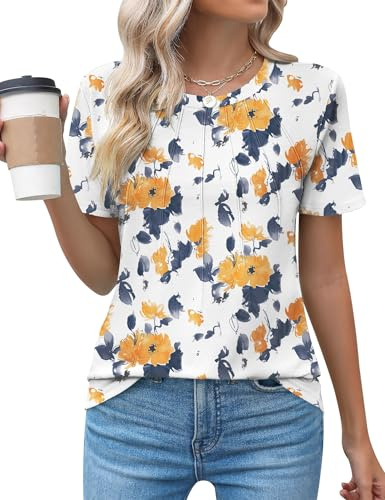 Chicrise T-Shirt Donna Estivo Maniche Corte Plissettato Basic Maglietta Eleganti Girocollo Maglieria Casual Bluse Giallo Fiori 2X Large 50-54