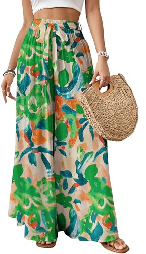 Bsubseach Wide Leg Pants Woman Flowy Floral Palazzo Pants for Women High Waisted Summer Casual Trousers Cruise Outfits Green Printed L