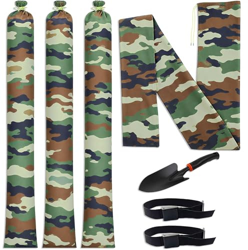 Long Camo Sand Bags for Floods Woodland Camouflage with Reflective Strips Elastic Bands and Handles for Easy Transportation Reusable and Used for Flood Barrier of Garage Doors Windows (4, 4feet)