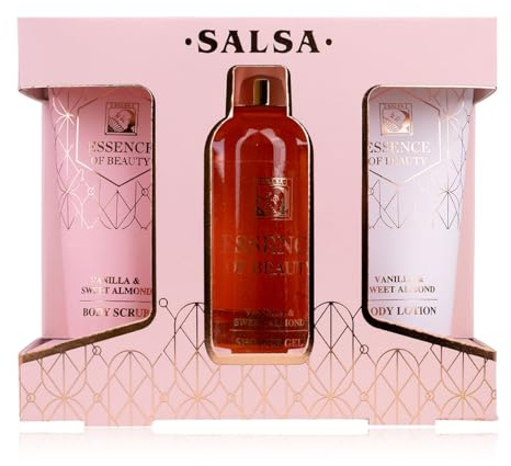 Accentra Set de ducha SALSA ESSENCE OF BEAUTY para mujeres, gel de ducha, loción corporal, exfoliante, aroma Vainilla y Almendra Dulce, caja de regalo, lujo para damas