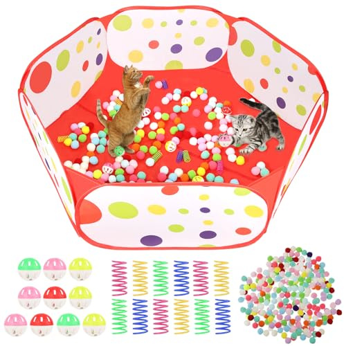 Cat Ball Pit Include 200 Pom Pom Balls 10 Jingle Balls and 12 PCS Cat Spring Toy for Indoor Bored Self Play Enrichment Toy for Indoor Cats Interactive Fun and Exercise