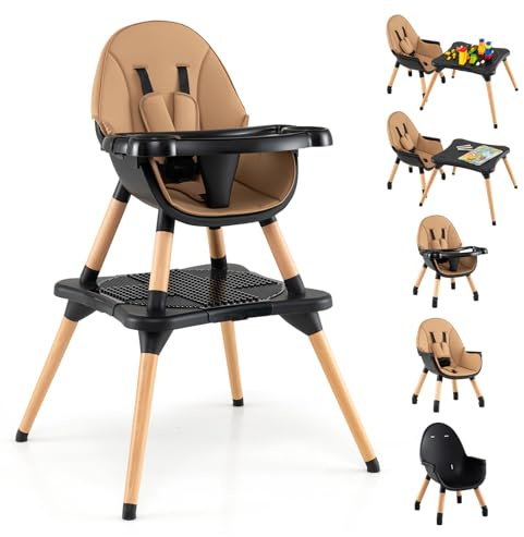 GOPLUS 6 in 1 Hochstuhl Baby, Kinderstuhl mit abnehmbares Bausteintisch, Babyhochstuhl mit verstellbar Doppeltablett, Kombihochstuhl, Essstuhl, Lerntisch, Kinderhochstuhl für 6-36 Monate (Braun)