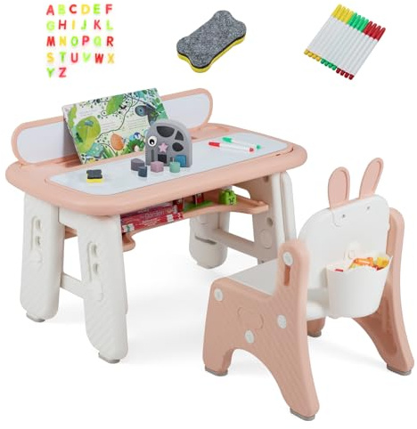 COSTWAY Barnbord med Stol, Barnstolsgrupp med Förvaringsutrymme, Höjdjusterbart Barnbord med Hopfällbar Bokhylla och Magnetisk Ritbräda, Målbord för Barn från 1 År, Rosa